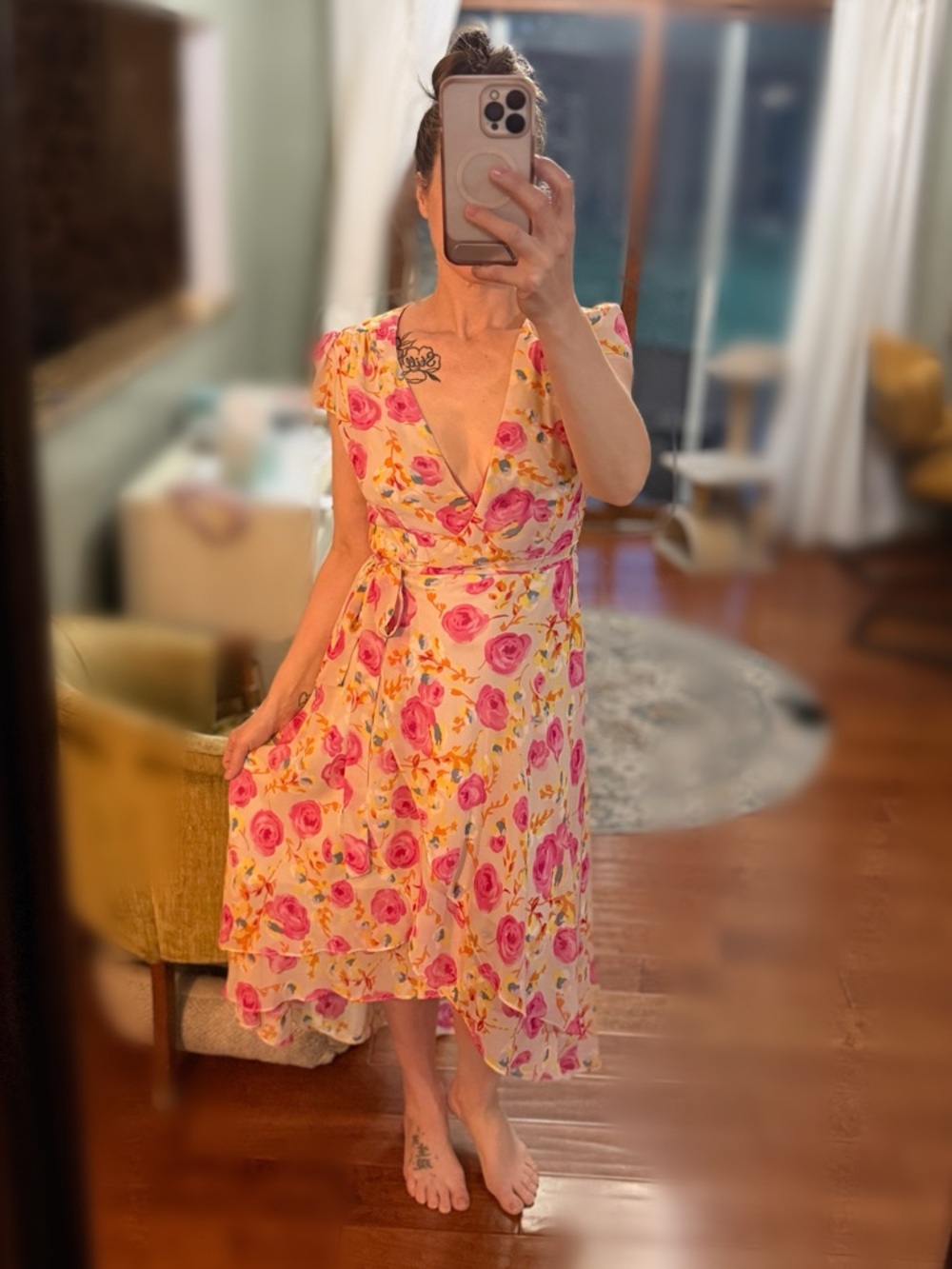 Betsey Johnson Floral Wrap Dress Pink Rose Midi Ruffle Romantic Size 8